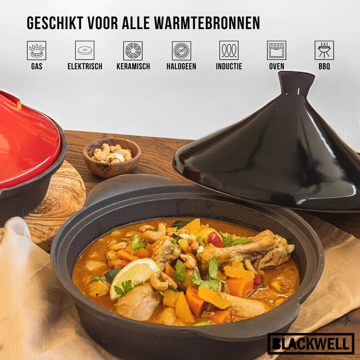 TAGINE Gusseisen - Schwarz ø 30 cm / 3 Liter - ohne Antihaftbeschichtung - Schwarz, Keramik (30cm) - Blackwell