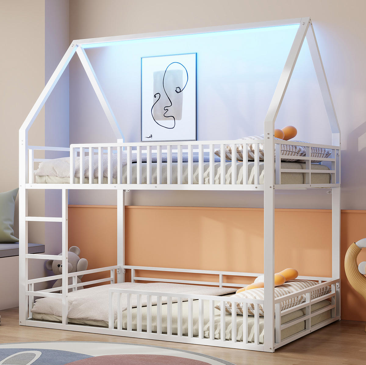 ETAGENBETT 140/200 cm aus Metall mit LED-Beleuchtung, Hausdesign und Schutzgeländer, Weiß - Weiß, Metall (140/200cm) - Redom