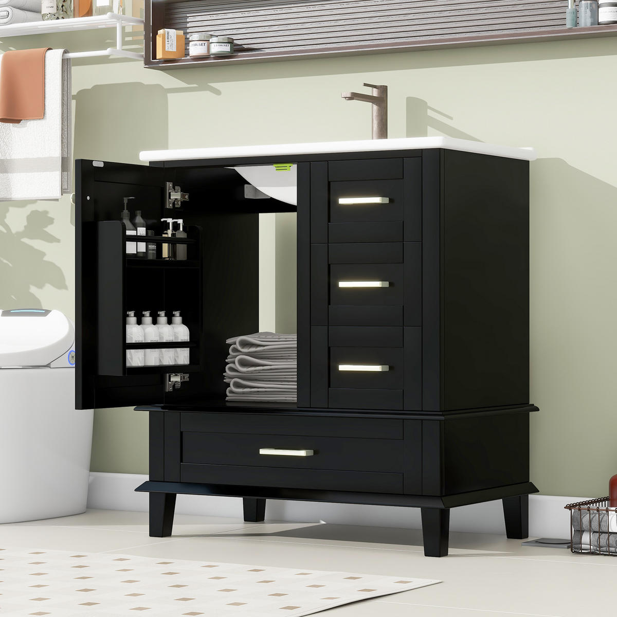 WASCHTISCHKOMBI 73x45.5x83.5 cm Schwarz aus Keramik, Spanplatte & Kiefernholz mit Schubladen - Schwarz, Holzwerkstoff (73/83.5/45.5cm) - Modfu