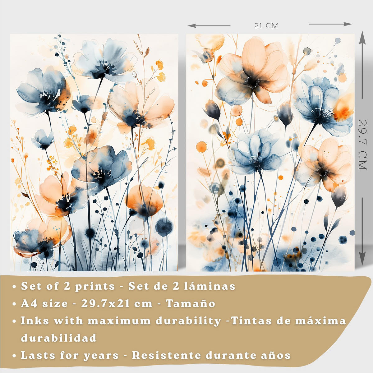 PLAKAT Sada 2 Modro-oranžový květ A4 bez rámu - čirá, papír (29.7/1/21cm) - Nacnic