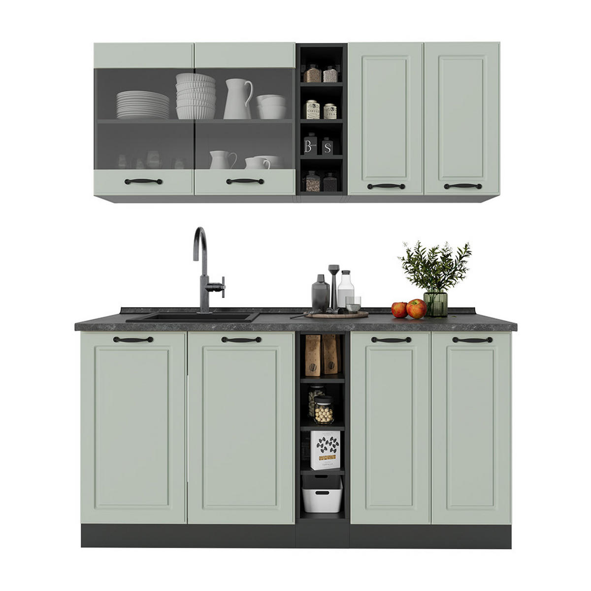 SINGLEKÜCHE R-Line, Mint Landhaus/Anthrazit, 160 cm Arbeitsplatte Anthrazit - Anthrazit/Grün, Holzwerkstoff (160/81.6/60cm) - Vicco