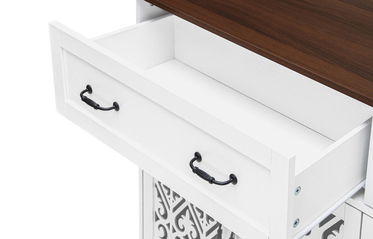 SIDEBOARD aus Spanplatte und Massivholz 150x40x93 cm Weiß mit 4 Türen, 2 Schubladen, verstellbaren Einlegeböden und Vintage-Front - Weiß, Holzwerkstoff (150/90.3/40cm) - Modfu