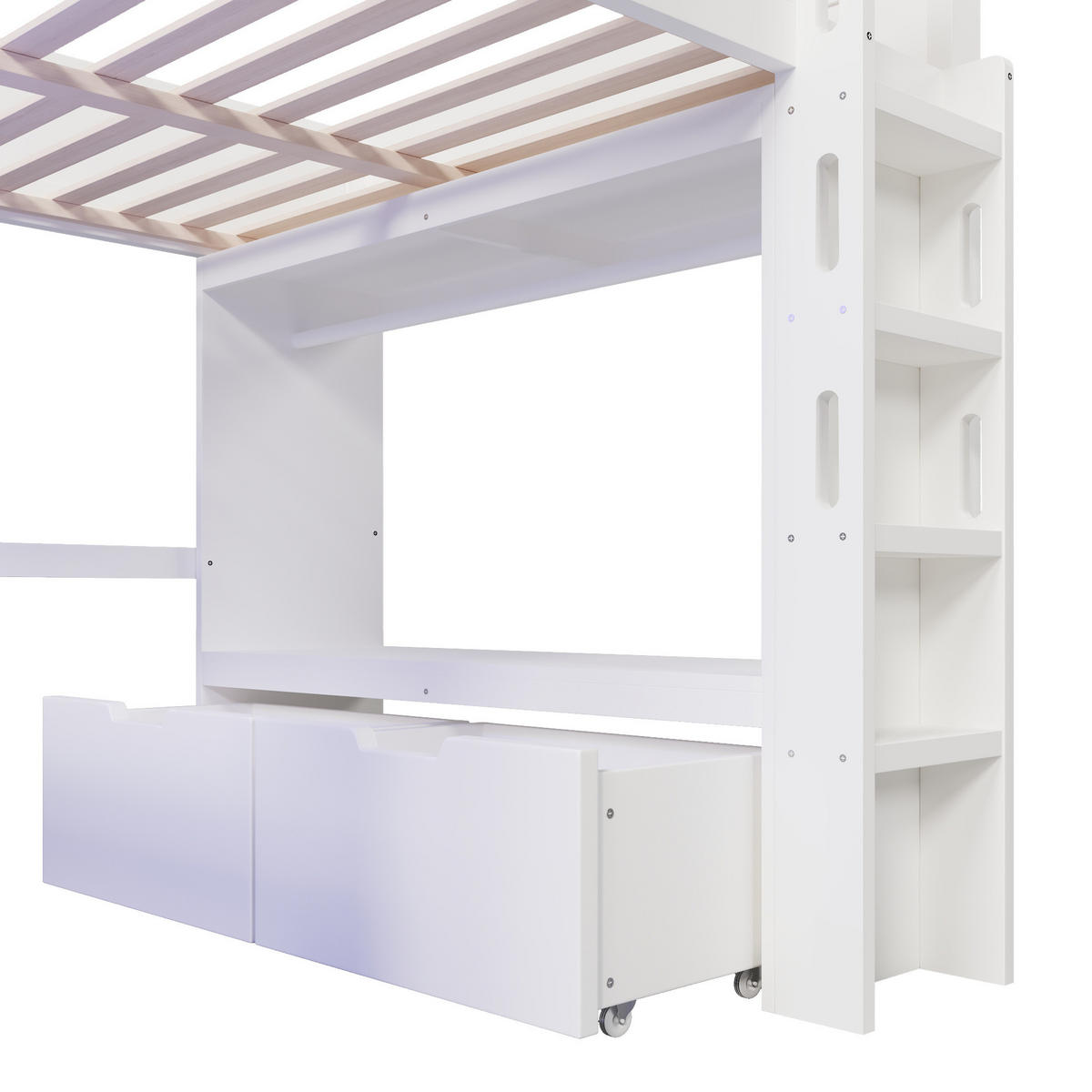 HOCHBETT aus Kiefernholz 140x200 cm Weiß mit Schreibtisch, LED, USB-C, 2 Schubladen und Wäschestange - Weiß, Holzwerkstoff (140/200cm) - Modfu