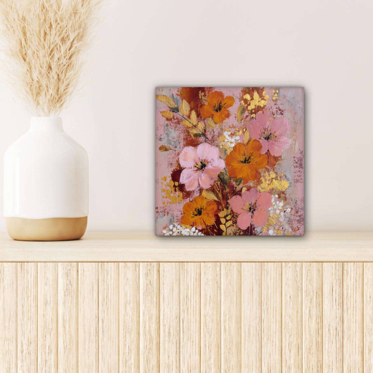 LEINWANDBILD Malerei - Blumen - Rustikal - Rosa Deko Wohnzimmer 20x20 cm - Altrosa, Textil (20/20cm) - MuchoWow