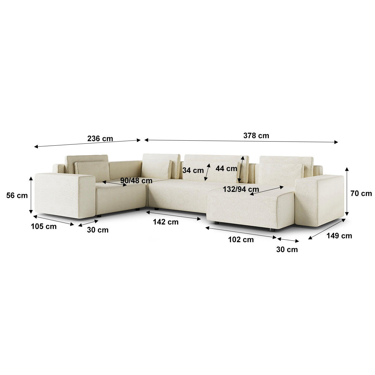 PANORAMASOFA Lorenzo 5 Sitzplätze Gebrochenes Weiß - Weiß, Holz (378/85/236cm) - Petits-meubles