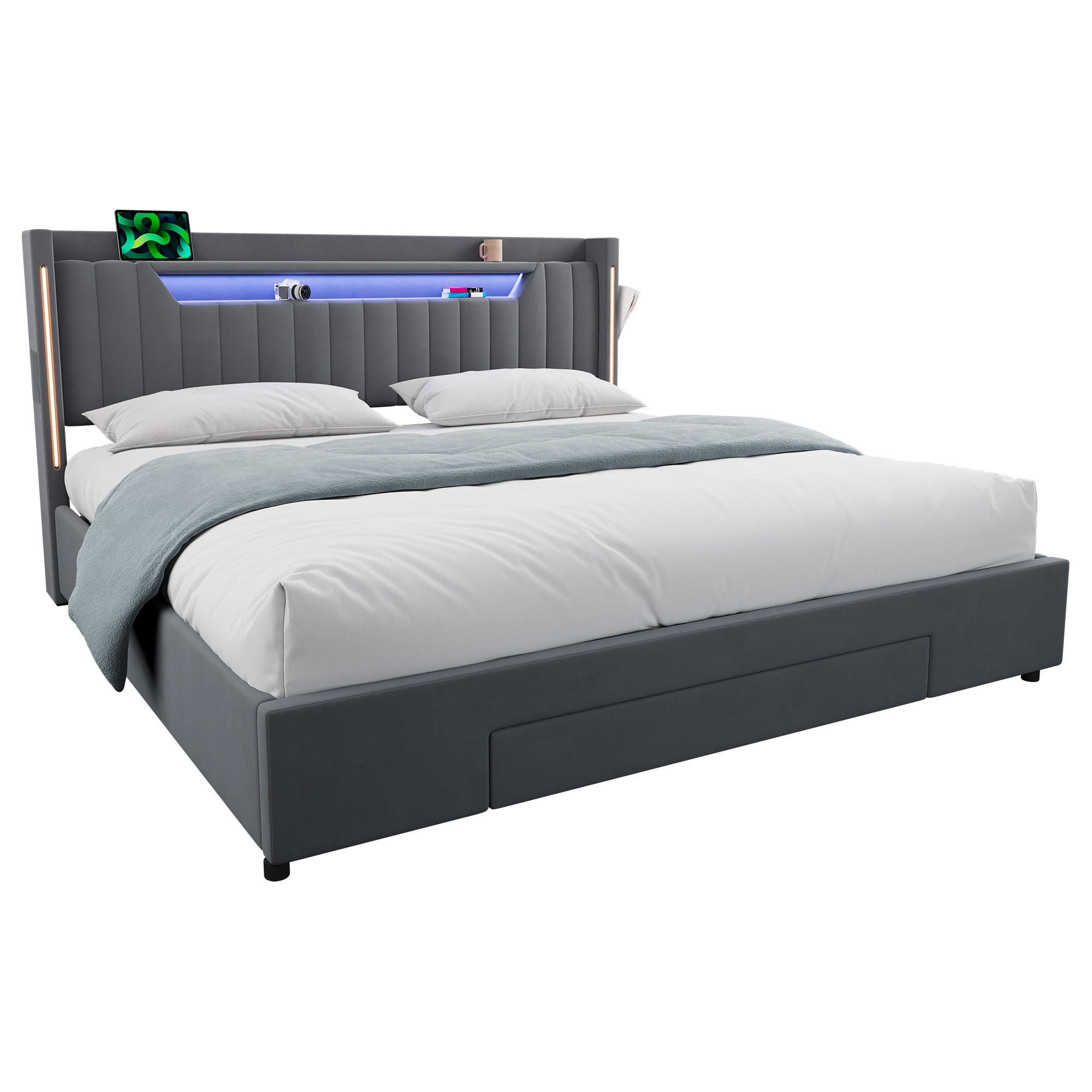 ČALOUNĚNÁ POSTEL 180 × 200 cm s úložným prostorem, zásuvkami a LED, šedá, sametový potah, bez matrace - šedá, kov/kompozitní dřevo (180/200cm) - STILVORA