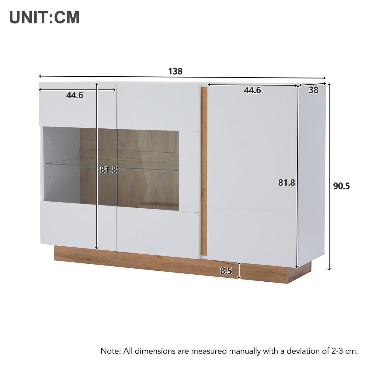 SIDEBOARD, Hochglanz, Glas, Holzsockel, Weiß, 138x38x90.5cm - Weiß, Holzwerkstoff (38/90.5/138cm) - FLIEKS