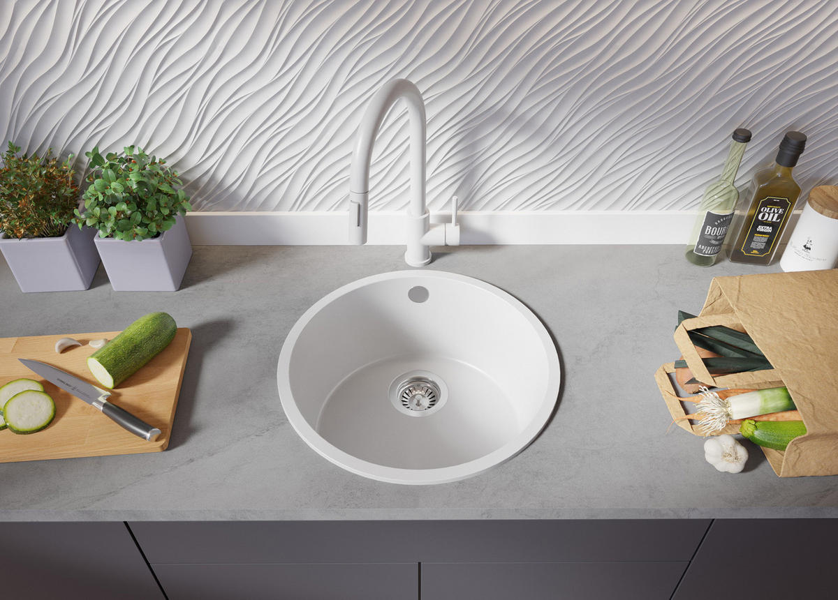 SPÜLBECKEN RUND Valletta Slim, 2-er set Weiß 46/46 cm 1 Becken + Ablauf-Set ab 50er Unterschrank - Chromfarben/Weiß, Kunststoff (46/20/46cm) - Primagran