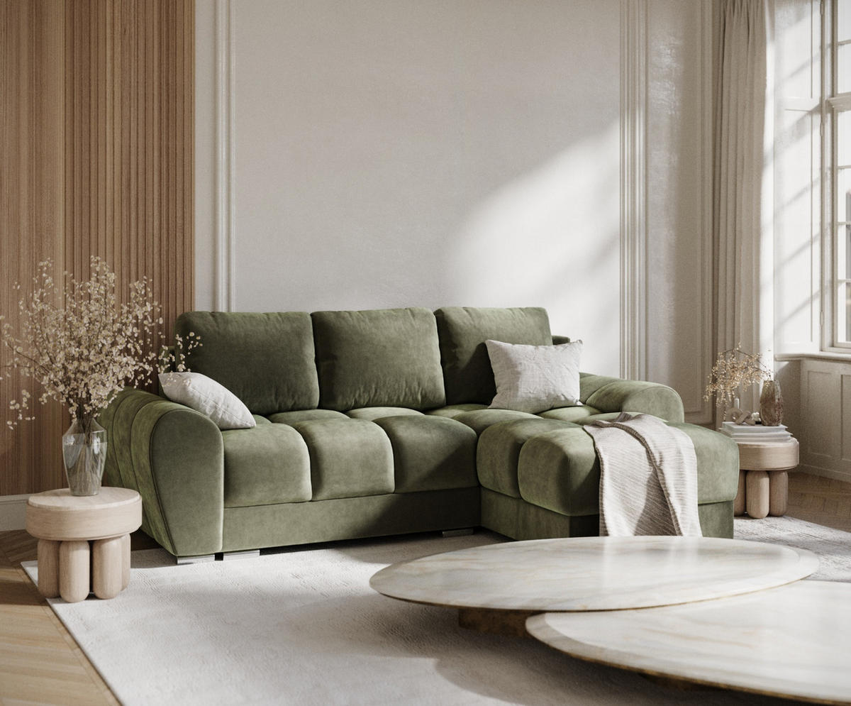 ECKSOFA MIT SCHLAFFUNKTION Peebles Olivenfarbe Samtstoff - Chromfarben/Olivgrün, Holz/Holzwerkstoff (256/175cm) - Maison de Reve