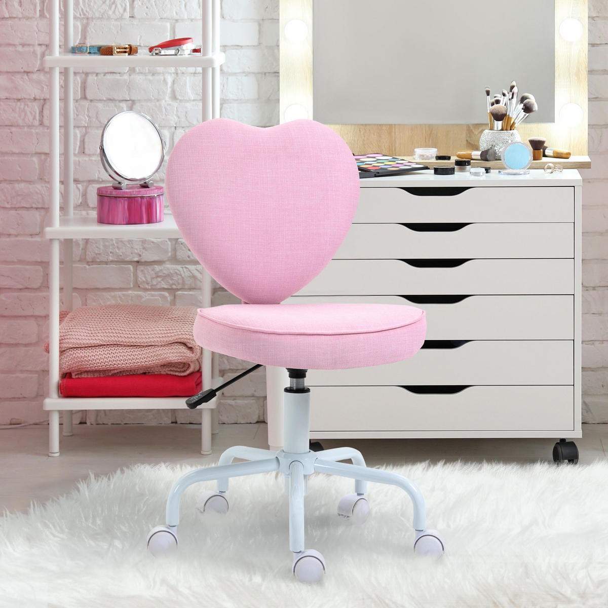 DREHSTUHL, niedliches Herz-Design, höhenverstellbar, Stoffbezug in Leinenoptik, rosa, 42 x 50 x 79-89 cm - Rosa, Textil (50/89/42cm)