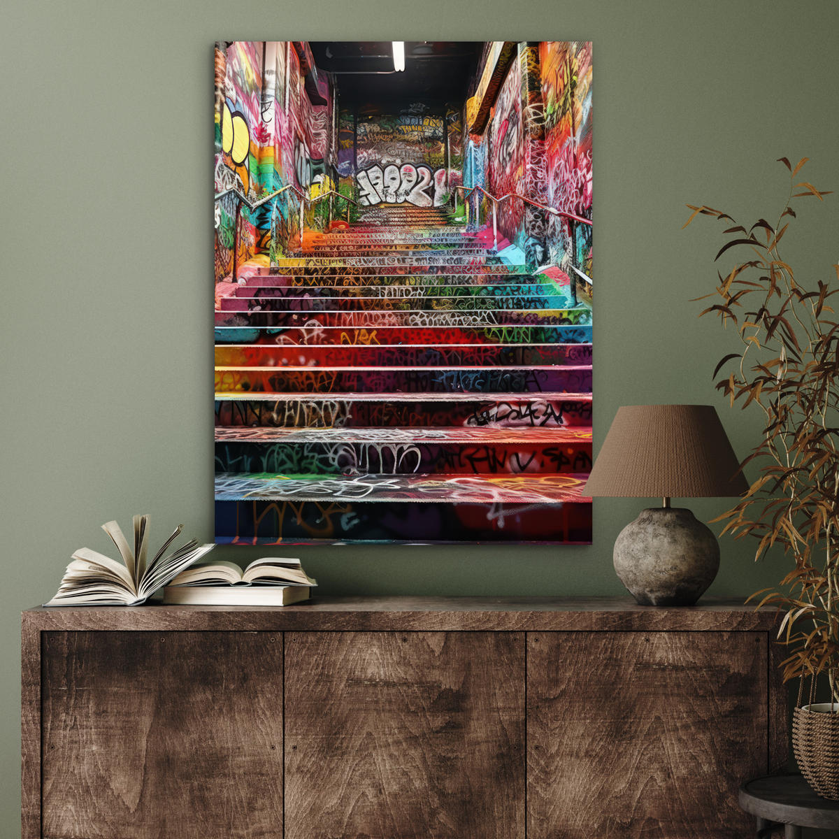KOVOVÝ OBRAZ Schody - Graffiti - Farby - Umenie 60x80 cm - viacfarebná, kov (60/80cm) - MuchoWow