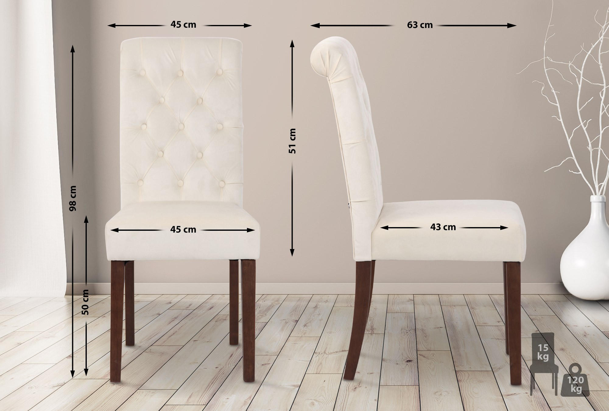 STUHL Samt creme - Walnussfarben/Creme, Holz/Textil (45/98/63cm) - CLP