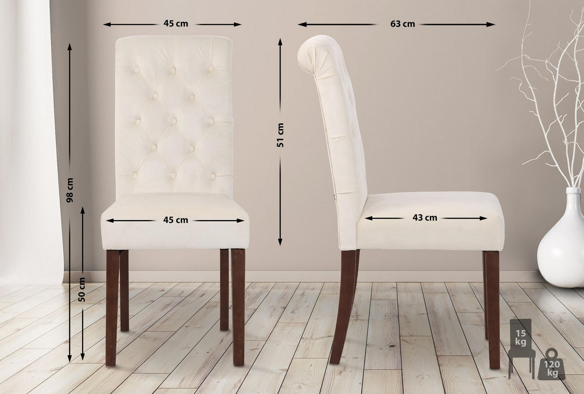 STUHL 2er Set Samt creme - Walnussfarben/Creme, Holz/Textil (45/98/63cm) - CLP