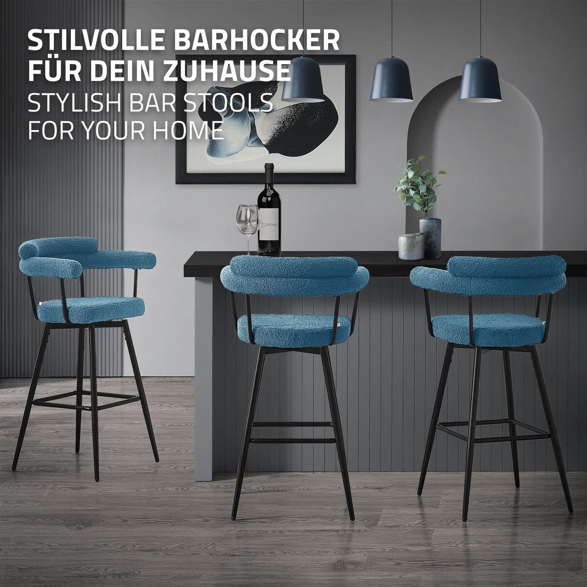 BARHOCKER 4ks sada otočná modrá s plyšovou látkou, výška 76 cm - modrá/černá, kov/textil (61/103/55cm) - ML-DESIGN