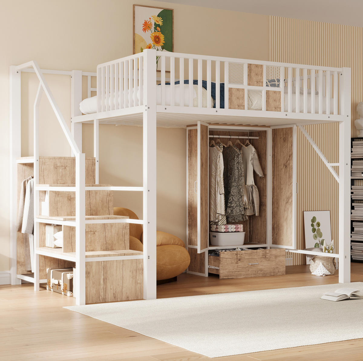 HOCHBETT 140/200 cm Weiß mit Kleiderschrank, Schublade und Aufbewahrungsleiter - Weiß, Metall (140/200cm) - MIVRAY