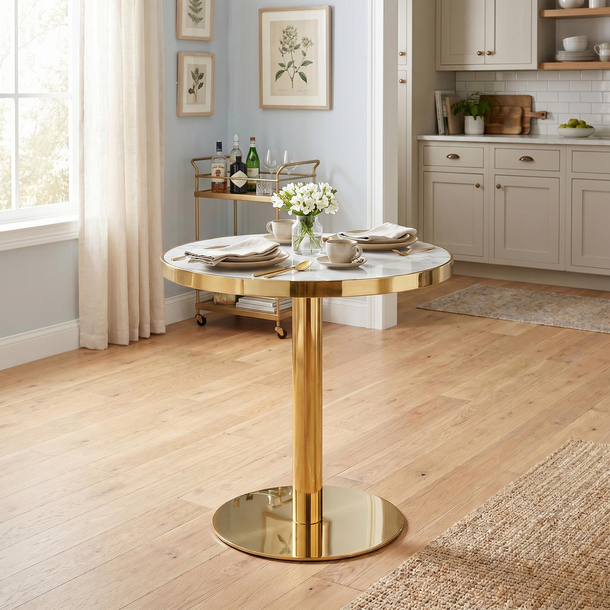 ESSTISCH in marmor-optik und gold, runder edelstahl-sockel und kratzfest - Goldfarben, Holzwerkstoff (60/60/74cm) - Urban Meuble