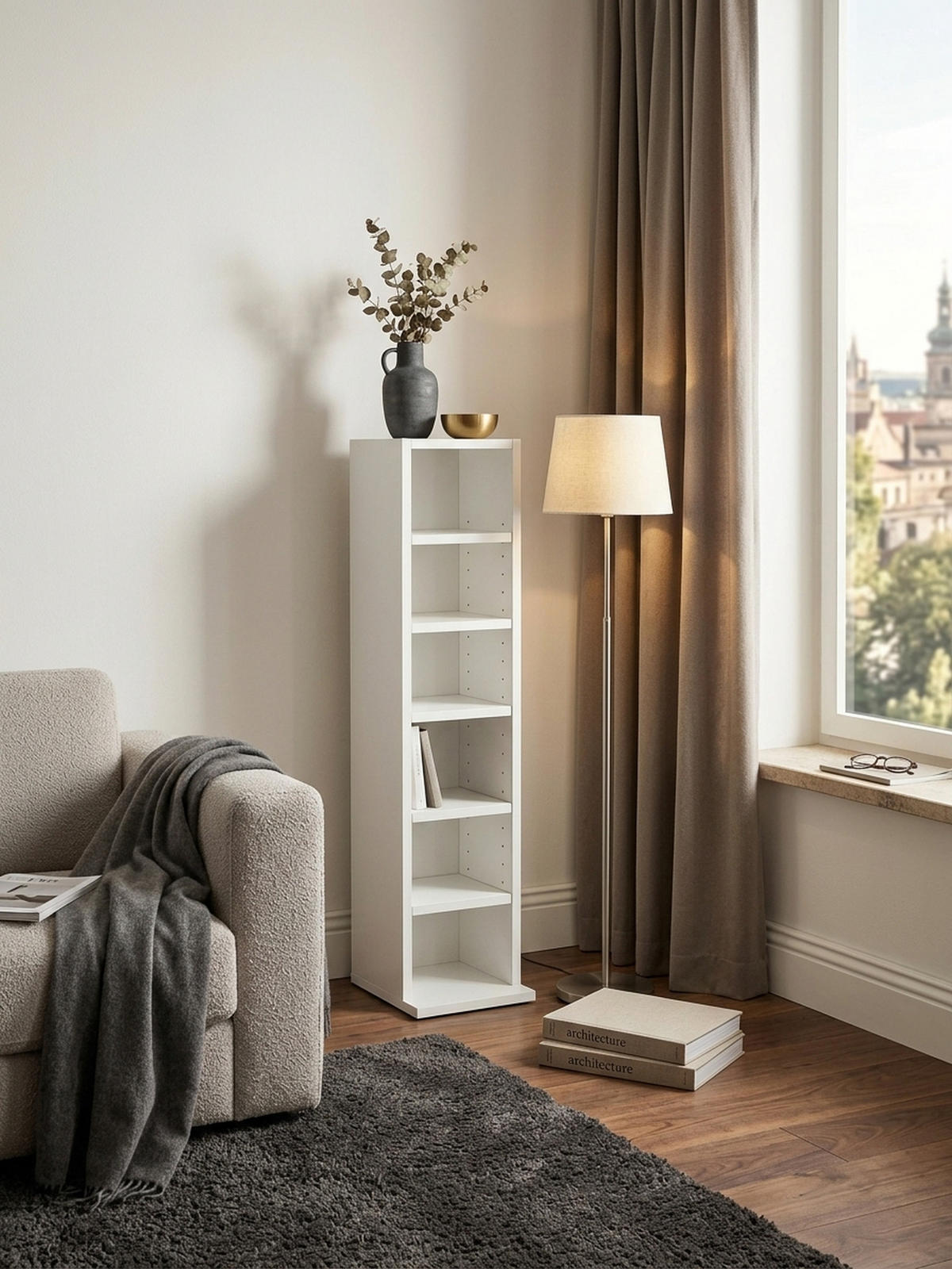 WANDREGAL – 6 Fächer, weiß, schmal, freistehend, 21x91x25,5 cm - Weiß, Holz (21/91/20cm) - KADIMA DESIGN