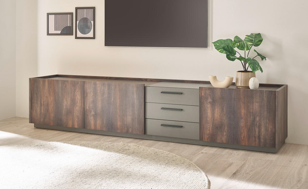 TV-LOWBOARD Thermo Eiche, grau, XXL TV Unterteil mit Soft-Close 240 cm - Eichefarben/Schwarz, Holzwerkstoff/Kunststoff (240/50/45cm) - Furn.Design