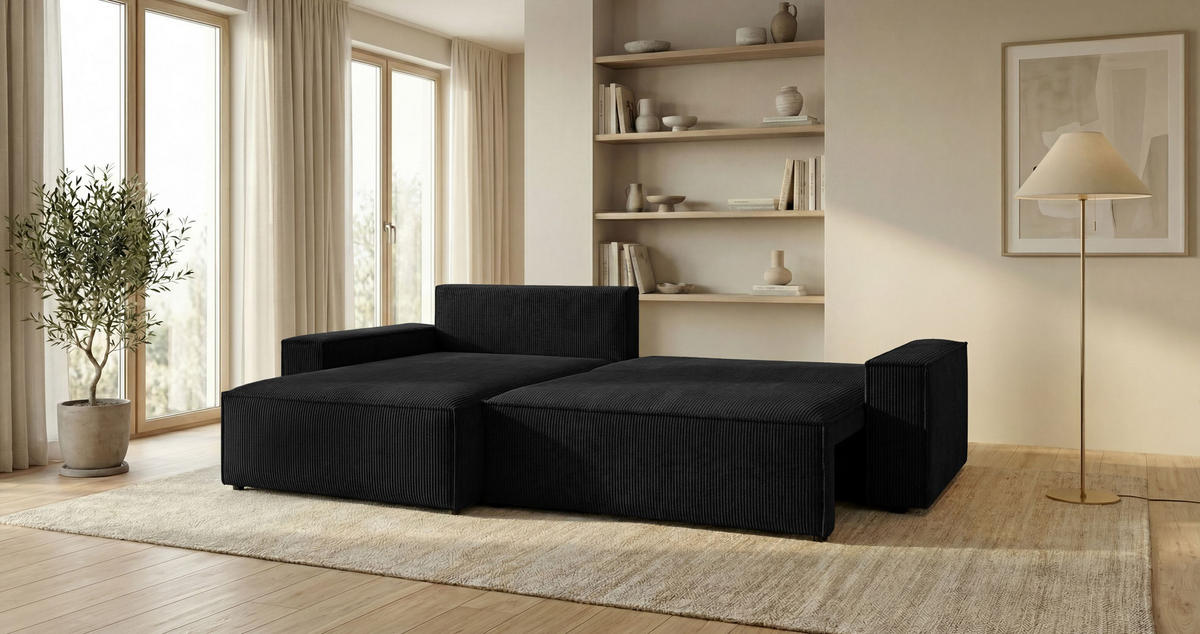 ECKSOFA VIENNA links schwarz Cord Poso 135 - Schlaffunktion, Bettkasten - Schwarz, Textil (285/185cm) - Cornero