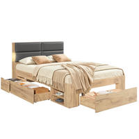 STAURAUMBETT aus MDF 140x200 cm Natur mit Schubladen, Nachtlicht, USB- und USB-C-Anschlüssen - Eichefarben, Holzwerkstoff (140/200cm) - Modfu