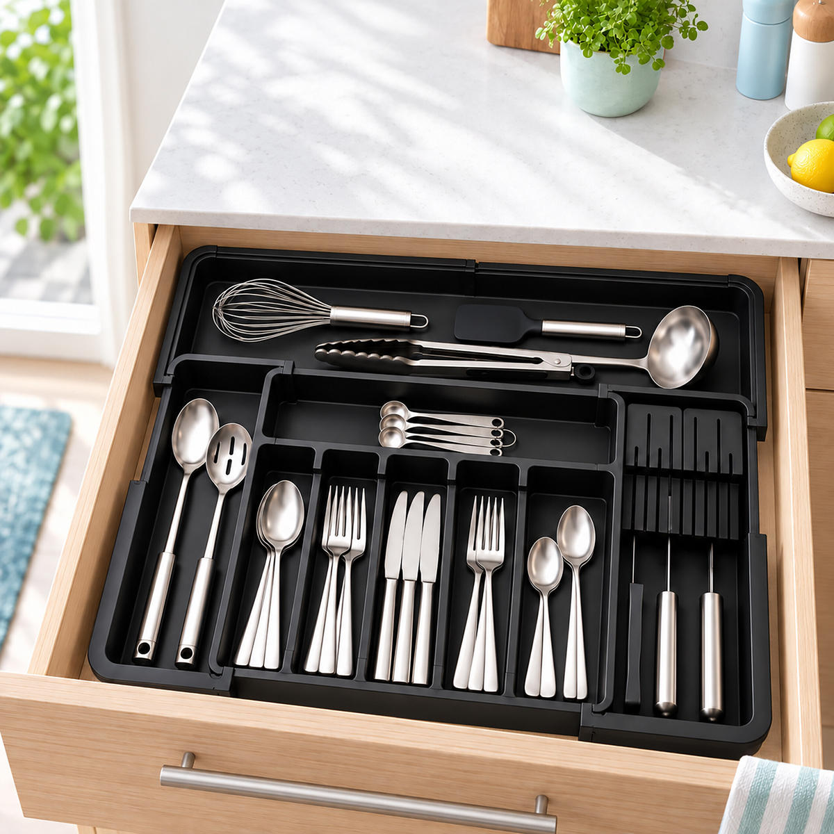 ORGANIZATOR TACÂMURI Negru extensibil cu inserție pentru cuțite - negru, material plastic (56.5/5/48.5cm) - Relaxdays