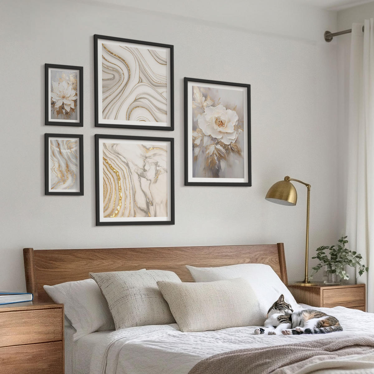 BILDER SET 5er Set - 50x50 cm & 20x30 cm & 40x60 cm Schwarzer Rahmen - Subtile abstrakte Muster - Schwarz, Kunststoff (40/60cm) - TULUP