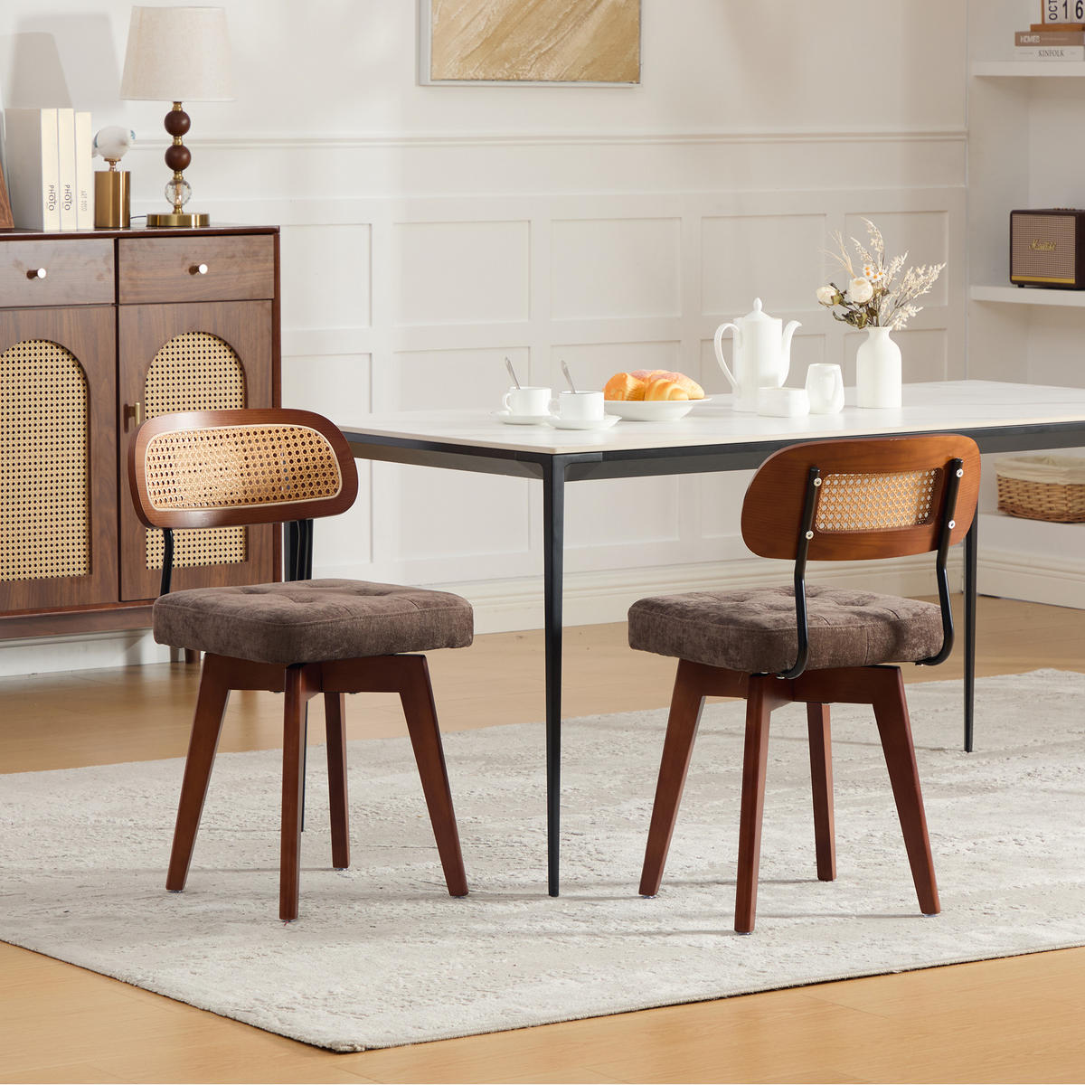 ESSZIMMERSTUHL 2er Set 360° drehbar, Wiener Geflecht, Chenille, Massivholz, Dunkelbraun - Dunkelbraun/Walnussfarben, Holz/Textil (43/77/50cm) - LVHOM