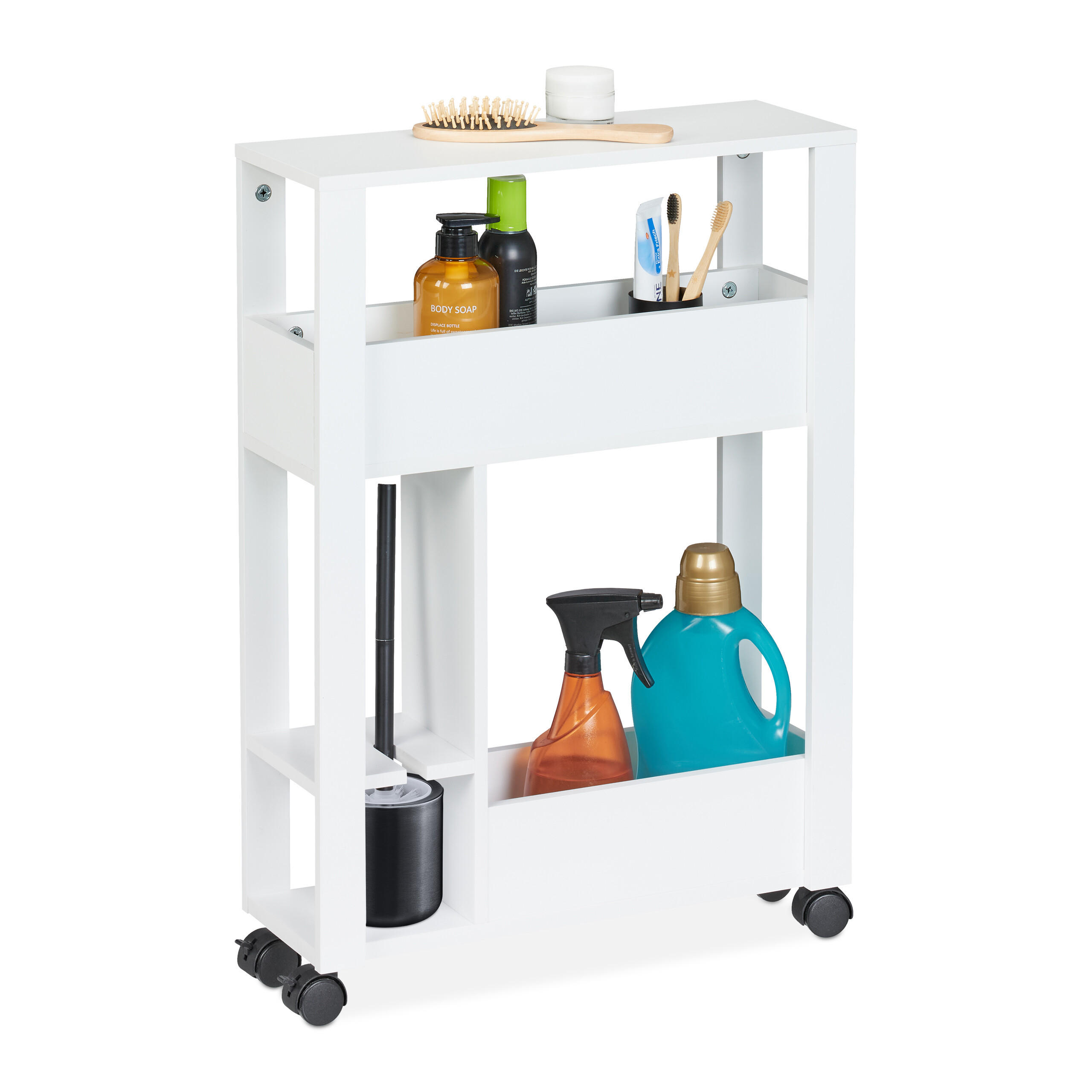 Relaxdays VOZÍK Bílý koupelnový úzký na kolečkách MDF