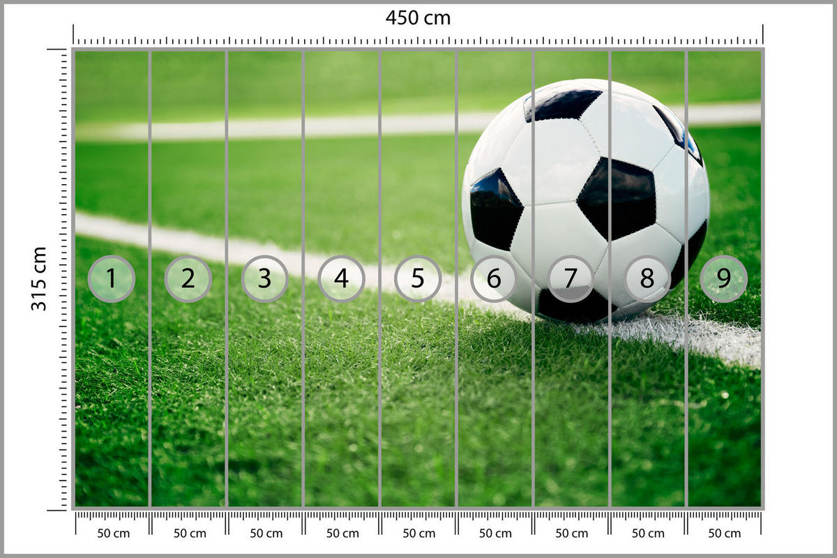 FOTOTAPETE für Jugendzimmer Fußball Grüne Rasen Stadion Sport 450x315 - Schwarz/Weiß, Papier (450/315cm) - Muralo