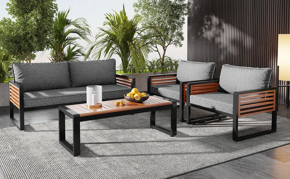 GARTENMÖBEL-SET 115/60/64 cm 4-teilig antikgrau aus Eisen und Akazienholz mit Kissen - Grau, Metall - OKWISH