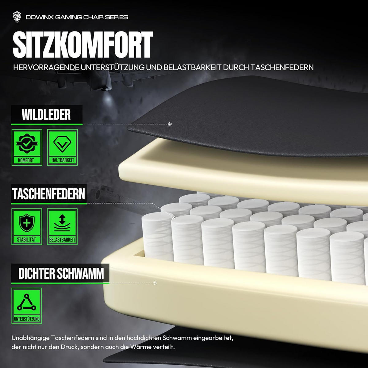 GAMINGSTUHL & Beheizter Massage Lendenwirbelstütze Fußstütze - Grün, Leder (69/128/69cm)