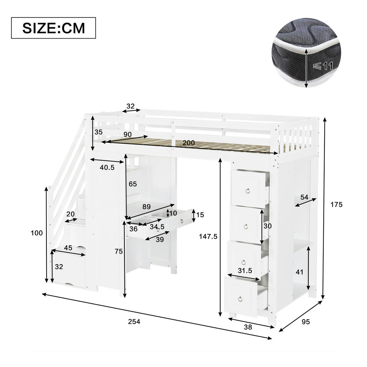 HOCHBETT 90/200 cm in Weiß mit Schubladen, Regal und Schreibtisch - Weiß, Holzwerkstoff (90/200cm) - STILVORA