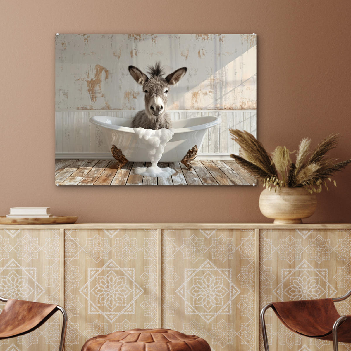 ACRYLGLASBILD Esel - Tiere - Badewanne - Schaumstoff 80x60 cm - Weiß, Glas (80/60cm) - MuchoWow