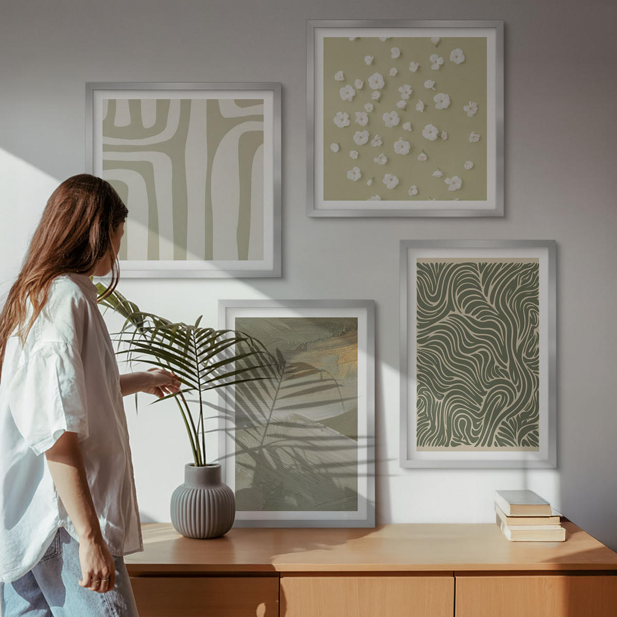 WANDBILDER 4er Set - 50x50 cm & 40x60 cm Silberner Rahmen - Abstrakte Boho-Muster - Silberfarben, Kunststoff (50/50cm) - ArtPrintCave