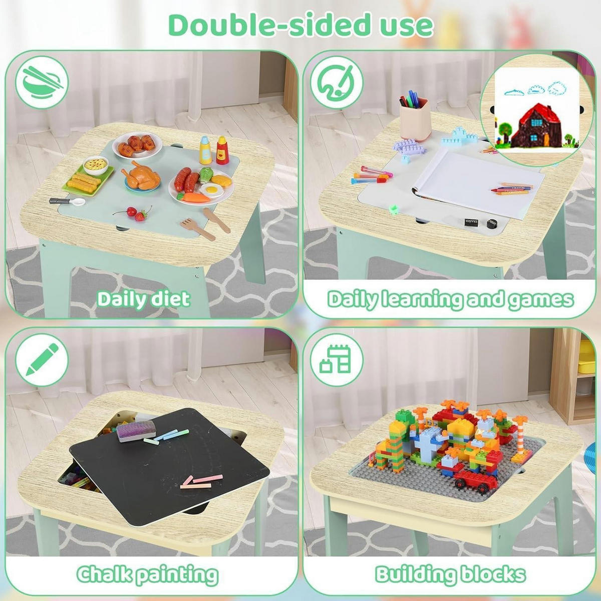 KINDERTISCH mit 2 Stühlen 4-in-1 Multifunktion Grün - Hellgrün, Holzwerkstoff (50/49/54cm)