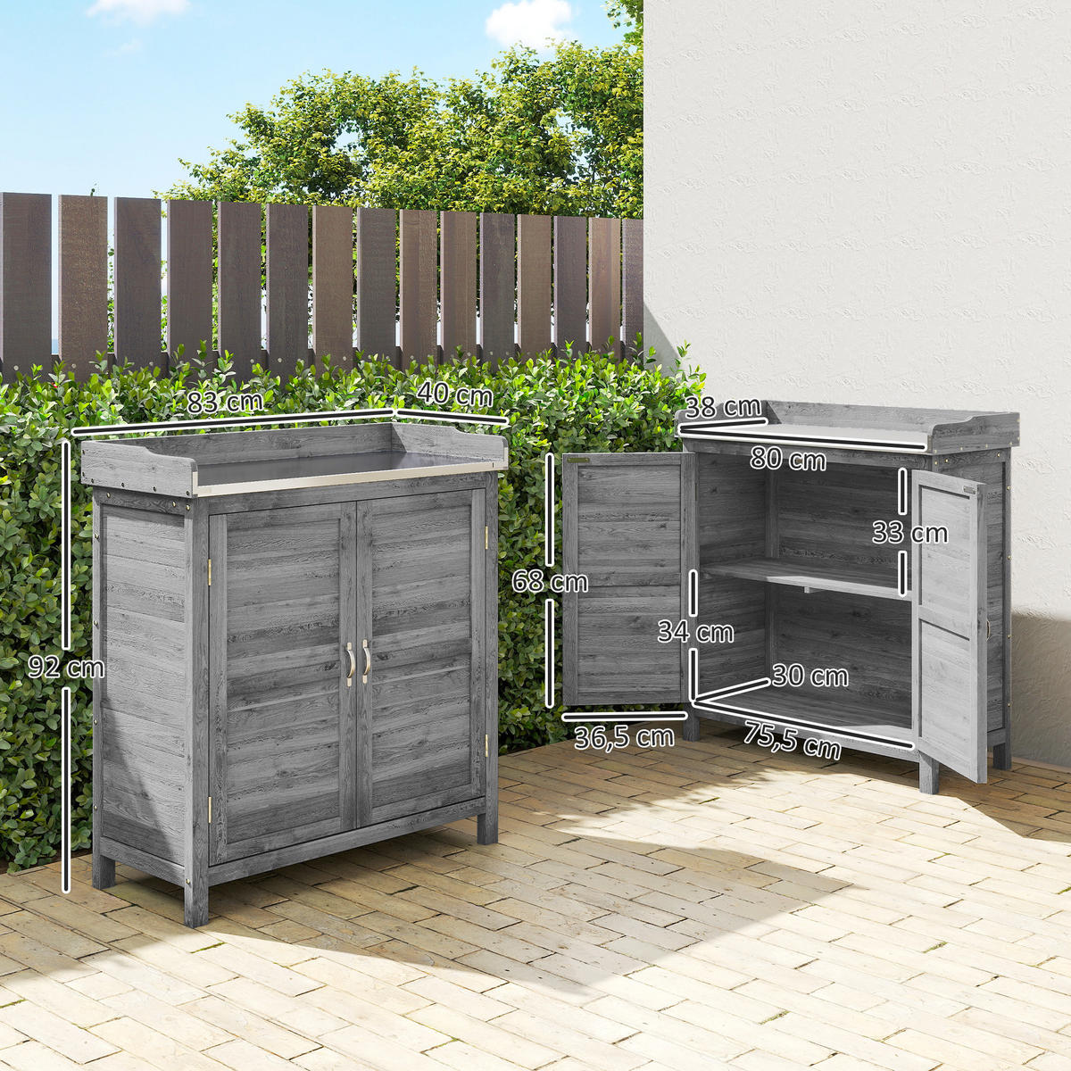 GARTENSCHRANK Tannenholz Metall Grau - Grau, Holz (40/92/83cm) - Outsunny