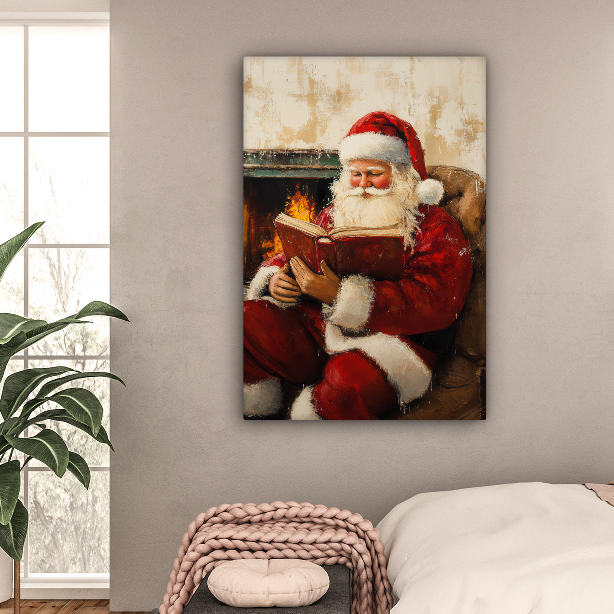 LEINWANDBILD Weihnachten - Weihnachtsmann - Winter - Open Fireside 80x120 cm - Dunkelrot, Textil (80/120cm) - MuchoWow