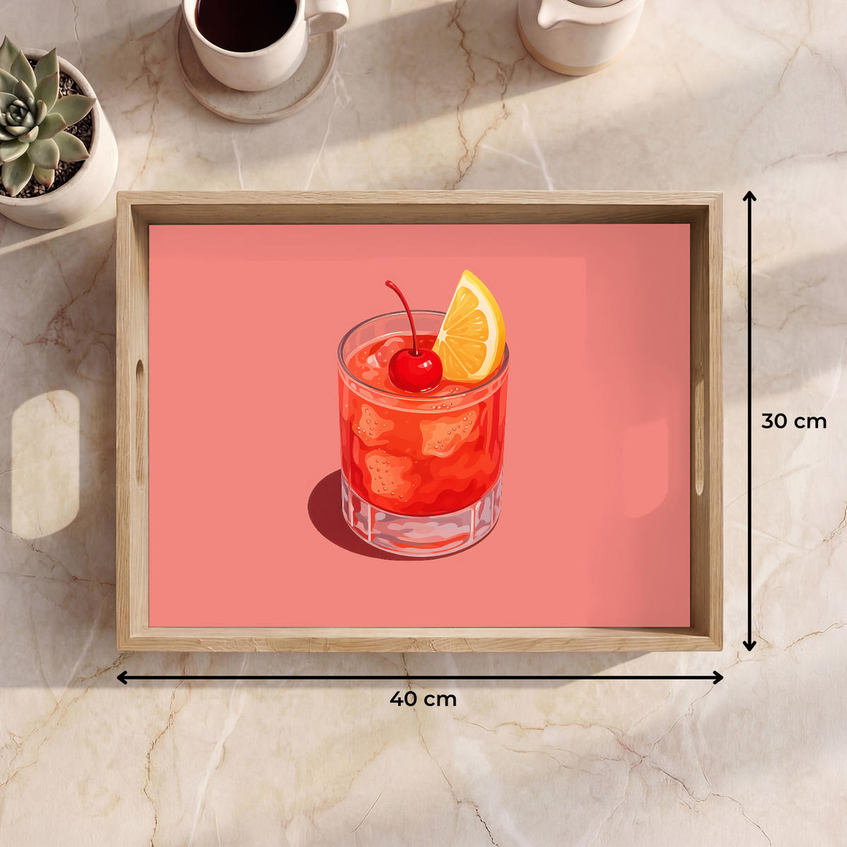 SERVÍROVACÍ PODNOS Sklenice - Kostky ledu - Citron - Třešeň 40x30 cm - růžová, dřevo (40/5/5cm) - OnlyWow