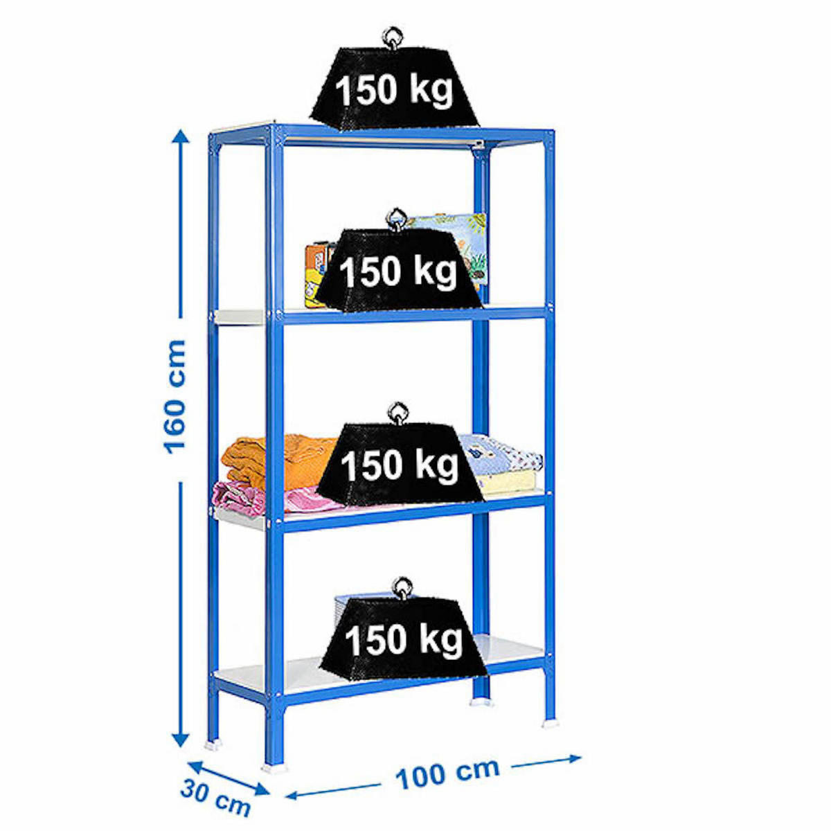 WOHNREGAL LIVING KOALA METAL mit 4 Fachböden | HxBxT 160x100x30cm | Fachlast 150kg | Blau/Weiß - Blau, Metall (100/160/30cm) - PROREGAL