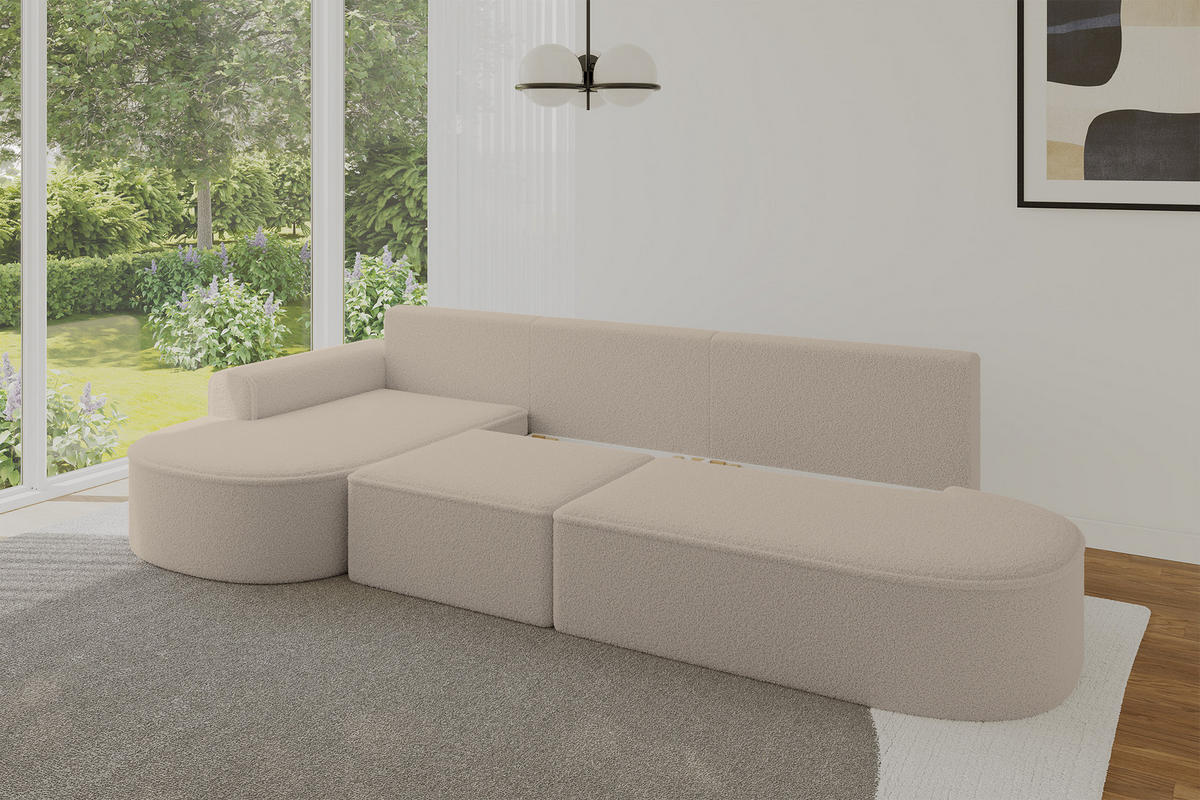 ECKSOFA mit Schlaffunktion Ottomane Links MARI L2-S 368X167X85 Dunkelbeige Bouclé - Hellbraun/Schwarz, Holzwerkstoff/Kunststoff (368/167cm) - ALTDECOR