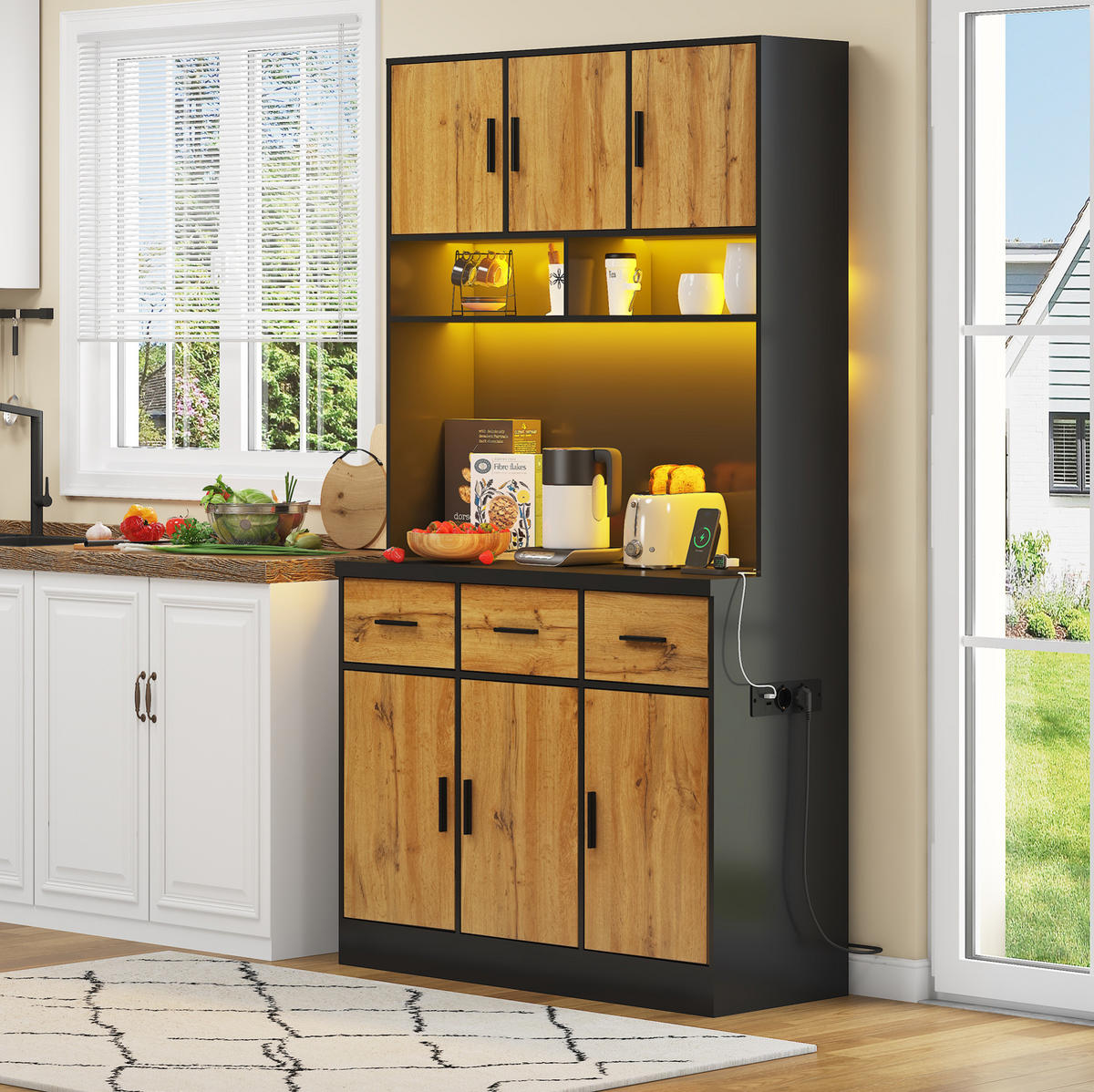BUFFETSCHRANK aus MDF, mit LED, 3 Schubladen & Steckdosenleiste, 100/40/180 cm, Schwarz/Natur - Schwarz, Holzwerkstoff (100/180/40cm) - Modfu