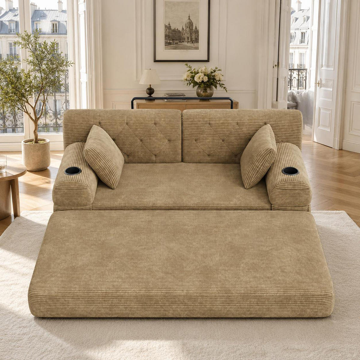 2-SITZER-SOFA – Cord, Metallrahmen, Becherhalter, kompakt, Khaki - Cappuccino, Textil (80/81/168cm) - KOMHTOM