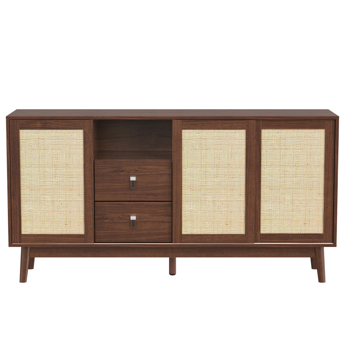SIDEBOARD 155/38/80 cm mit 3 Schiebetüren, 2 Schubladen & Rattanfronten - Nussbaumfarben, Holzwerkstoff (155/80/38cm) - BEAOK