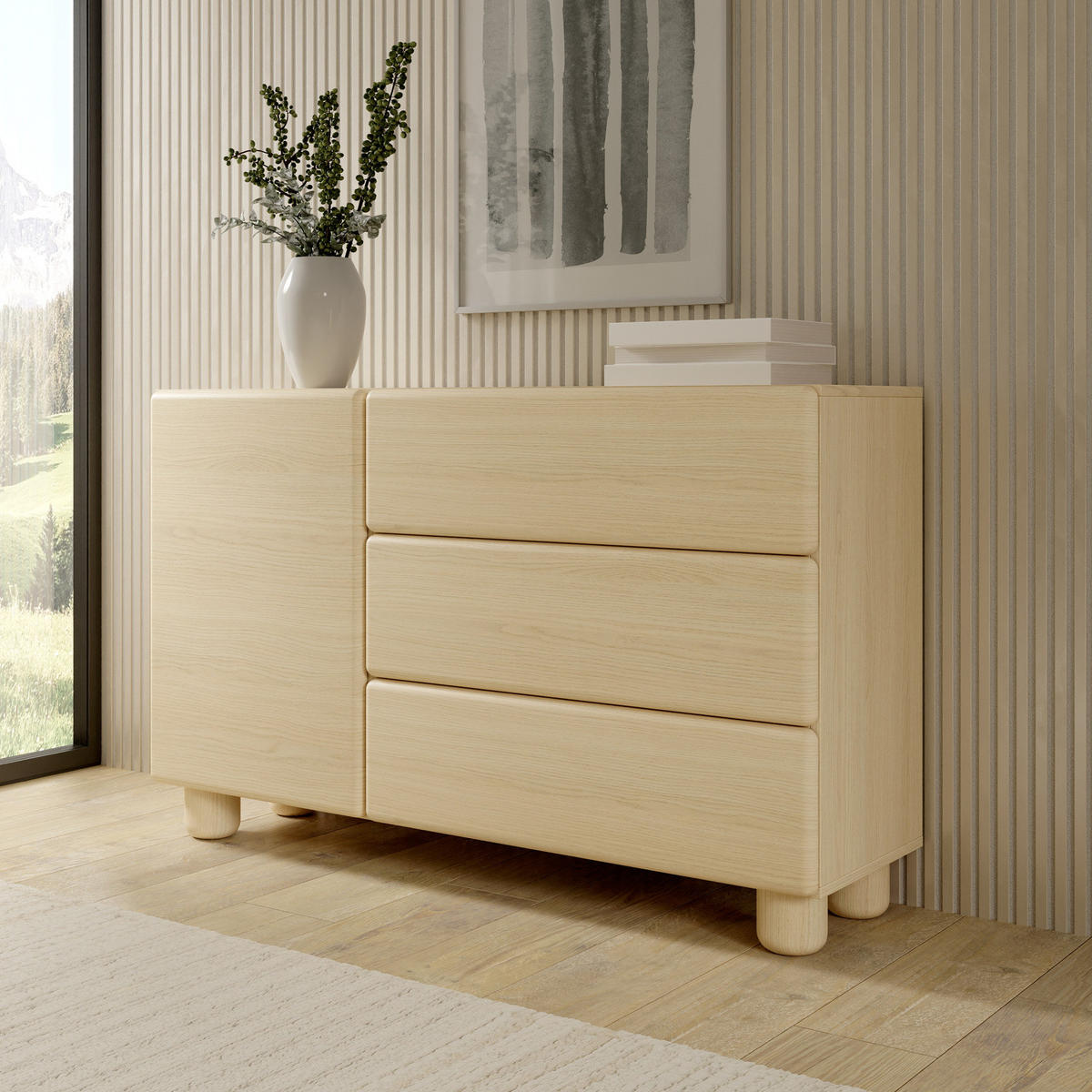 SIDEBOARD CERVI E 130 cm Eiche Vicenza - mit 1 Tür, 3 Schubladen und abgerundeten Fronten - Eichefarben, Holz/Holzwerkstoff (130/80/38cm) - Ravio