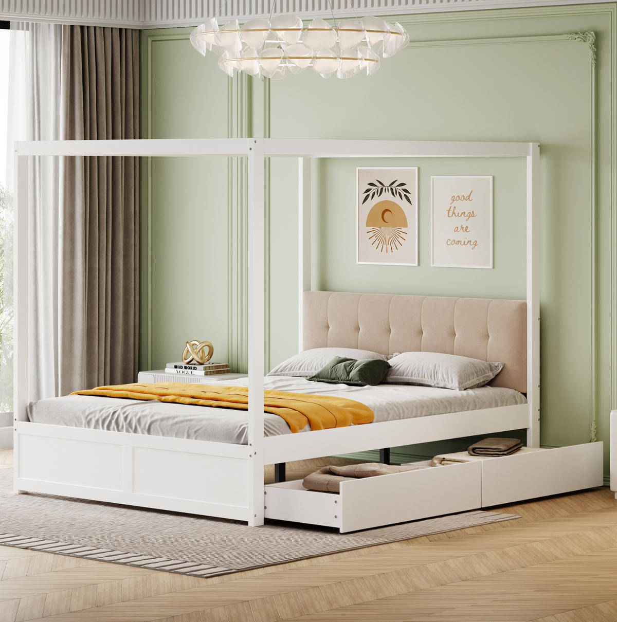 BETT 140/200 cm in Weiß mit Zeltdesign, 2 Schubladen und gepolsterter Rückenlehne - Weiß, Holz (140/200cm) - Flora Grace