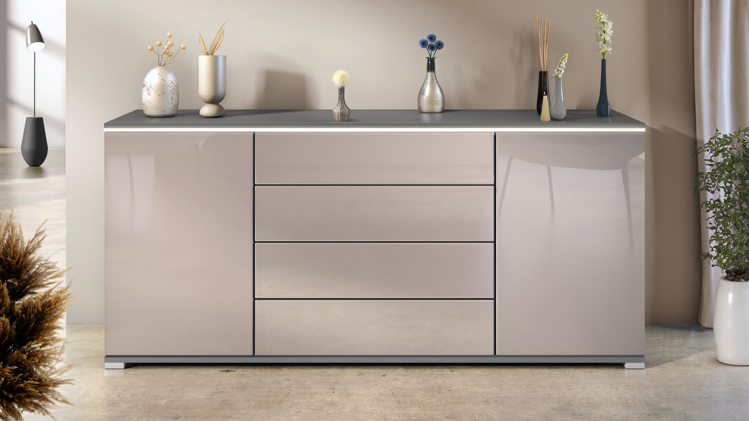 SIDEBOARD Faro Sandgrau Hochglanz - Sandfarben, Holzwerkstoff (166.5/75.5/35cm) - Vladon