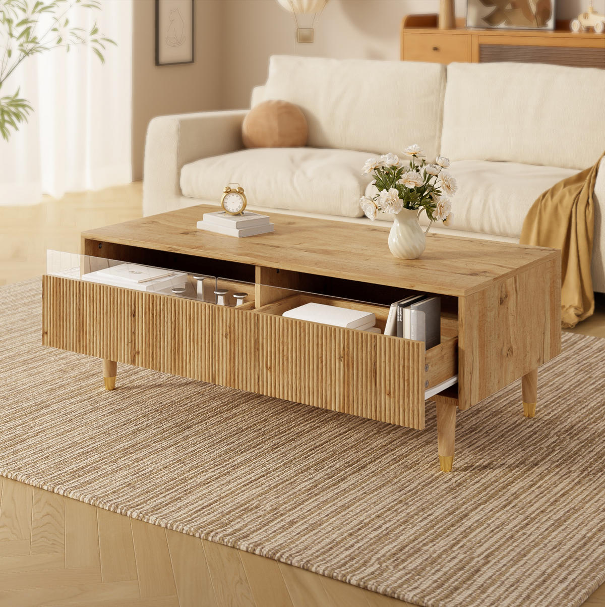 COUCHTISCH aus MDF 110x50x40 cm Holzfarbe mit 2 Schubladen und LED-Beleuchtung - Naturfarben, Holzwerkstoff (110/50/40cm) - IVMEU