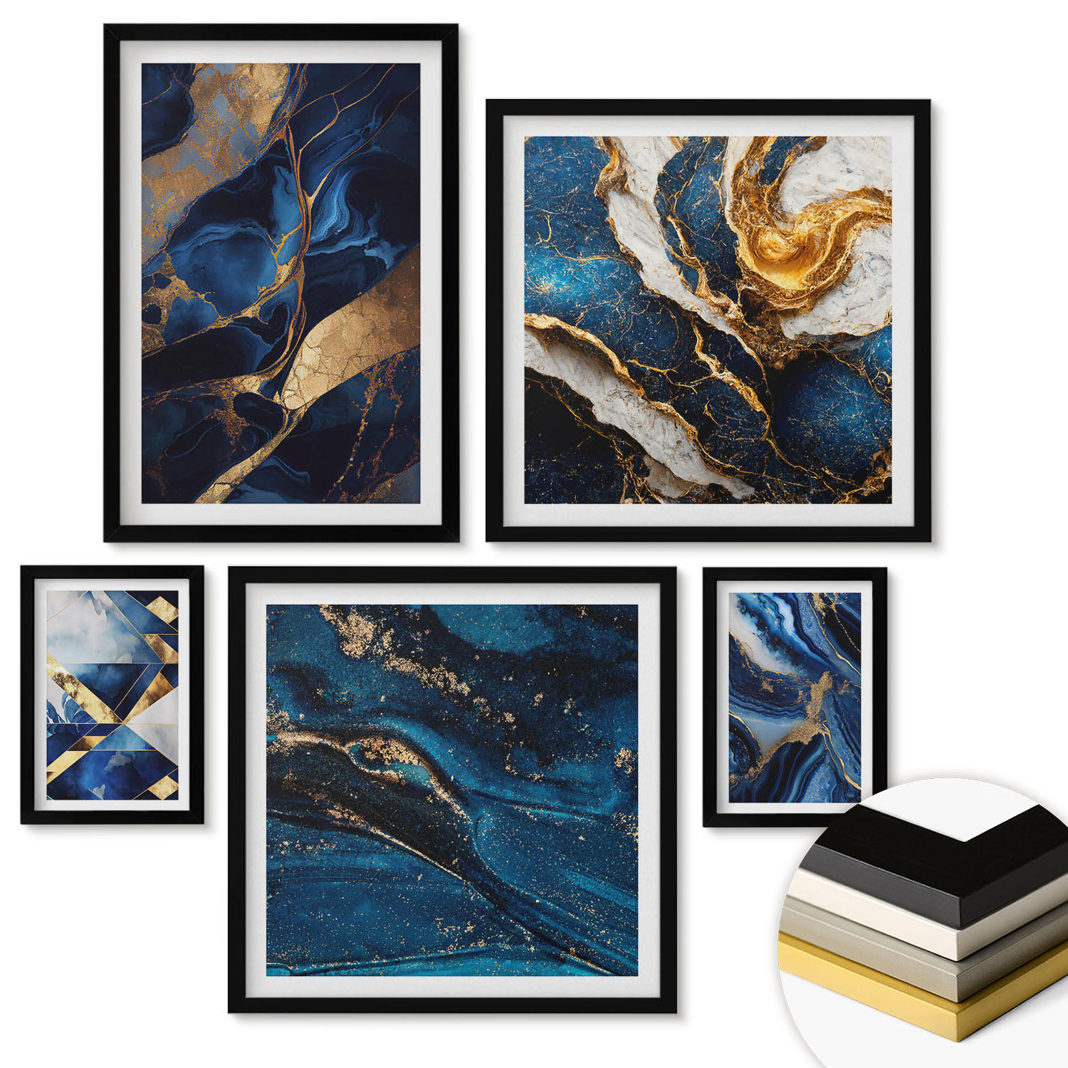 WANDBILDER 5er-Set - 50x50 cm & 20x30 cm & 40x60 cm Schwarzer Rahmen - Abstrakte, elegante Muster - Schwarz, Kunststoff (40/60cm) - ArtPrintCave