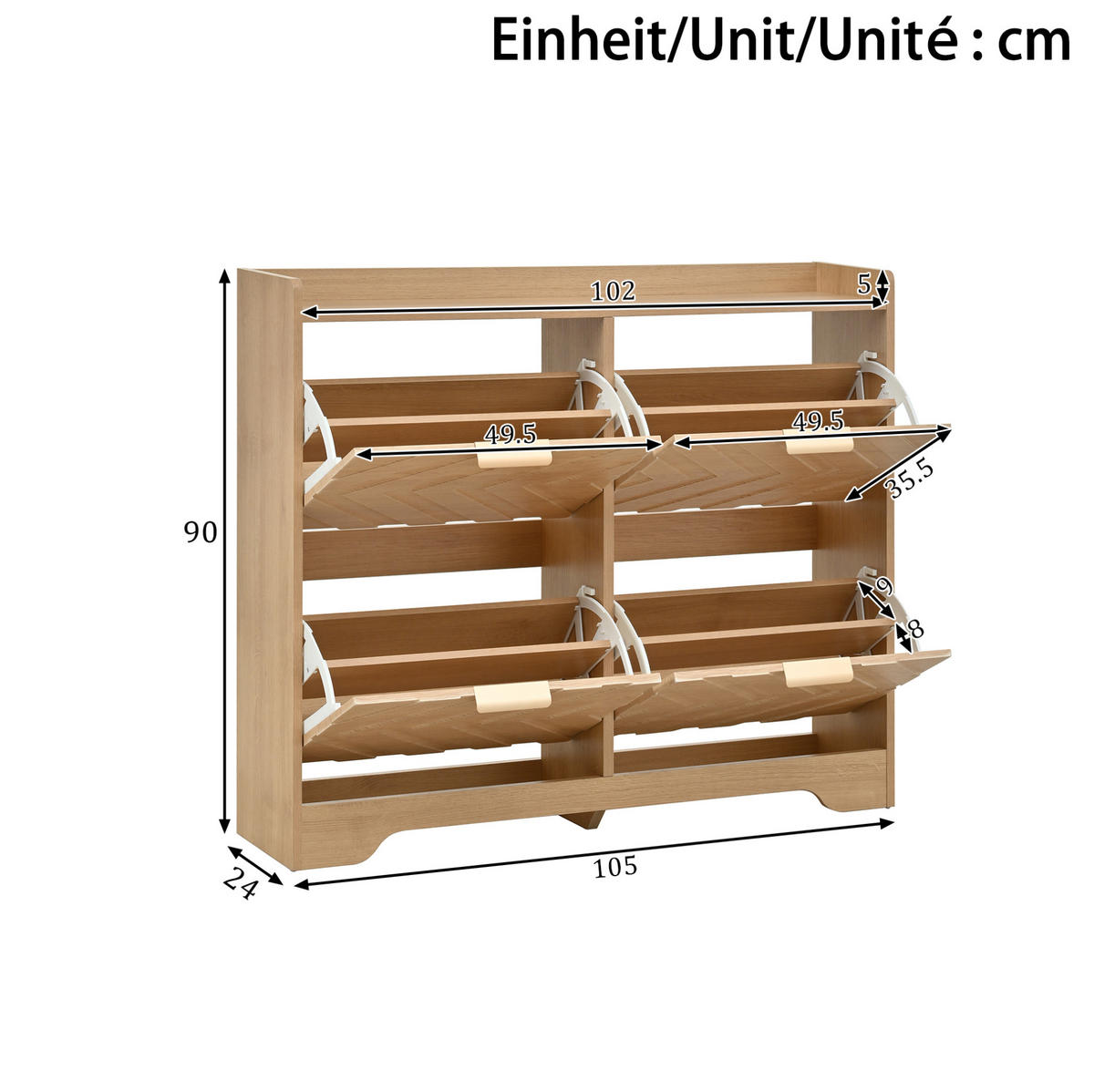 SCHUHSCHRANK aus MDF 105x24x90cm in Natur mit 4 Klappfächern - Naturfarben, Holzwerkstoff (105/90/24cm) - Modfu