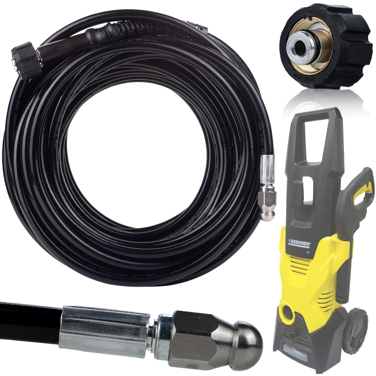 SCHLAUCH M22 Set - 40 m, Innengewinde M22x1,5, max. 200 bar, max. 60 °C, Nylongeflecht, Adapter M22 auf Bajonett - Multicolor, Kunststoff/Metall (10/10/10cm)